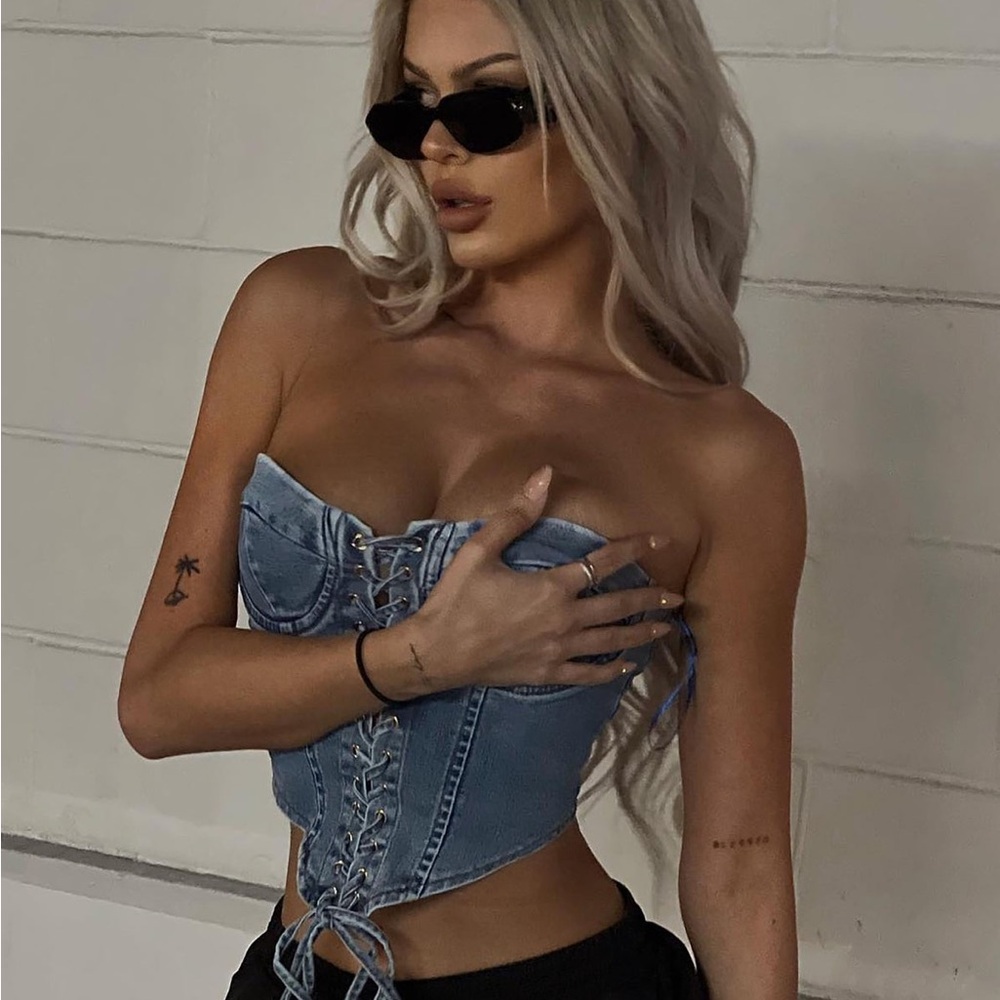 Fashion Nova Light Wash Blue Denim corset